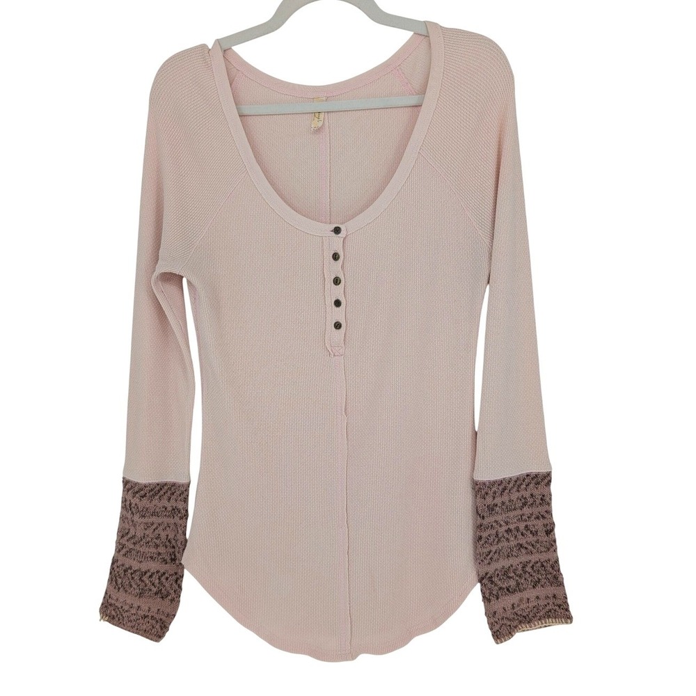 Free People Henley Top L Pink Waffle Knit Contrast Cuff Long Sleeve Boho Cottage